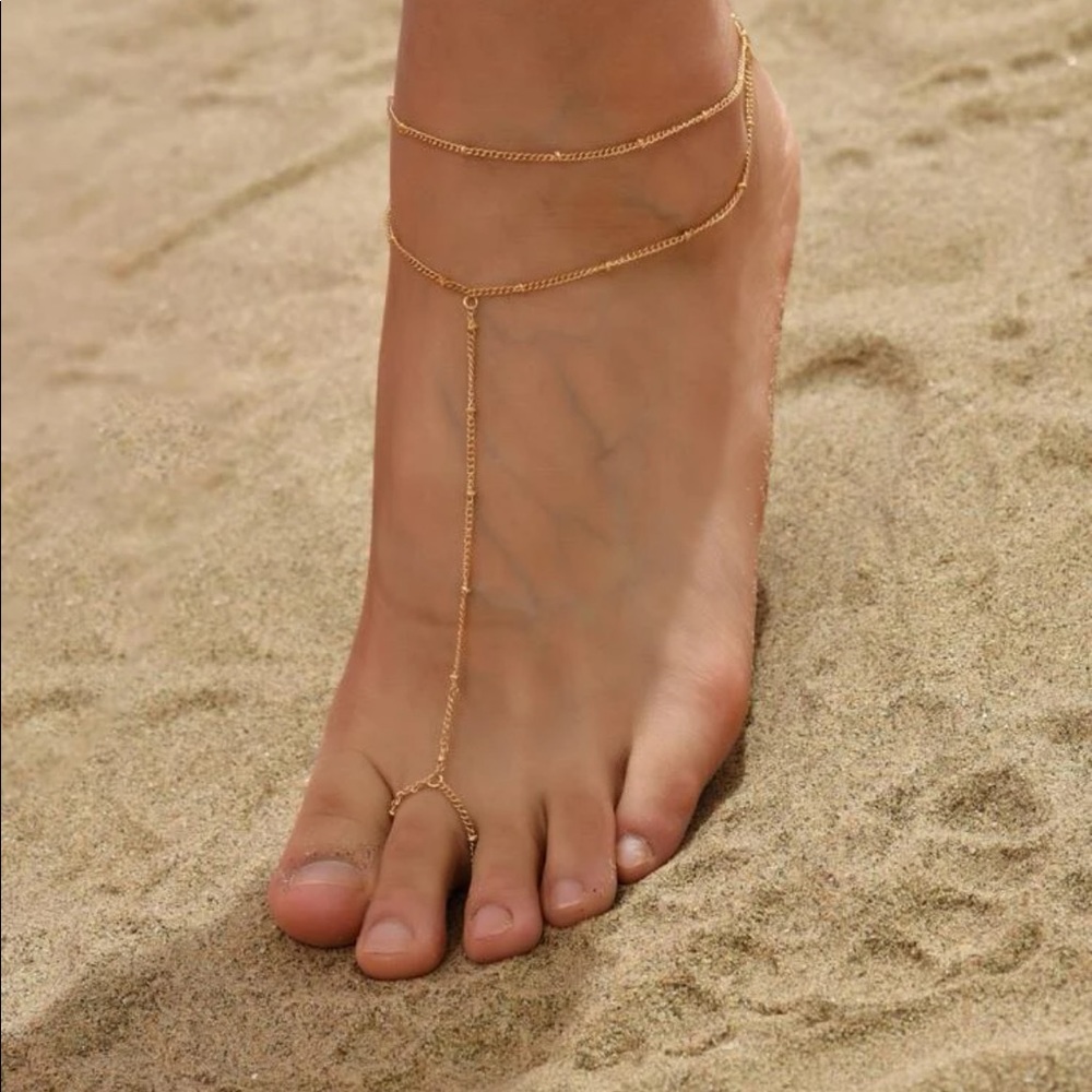 Layered Anklet Bead Barefoot Sandals Ankle Bracelets Ring Foot Chain Jewelry